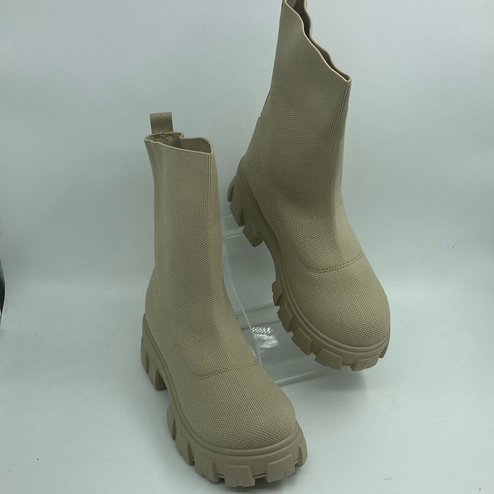 New women tan brown fabric ankle high combat military boots lug sole